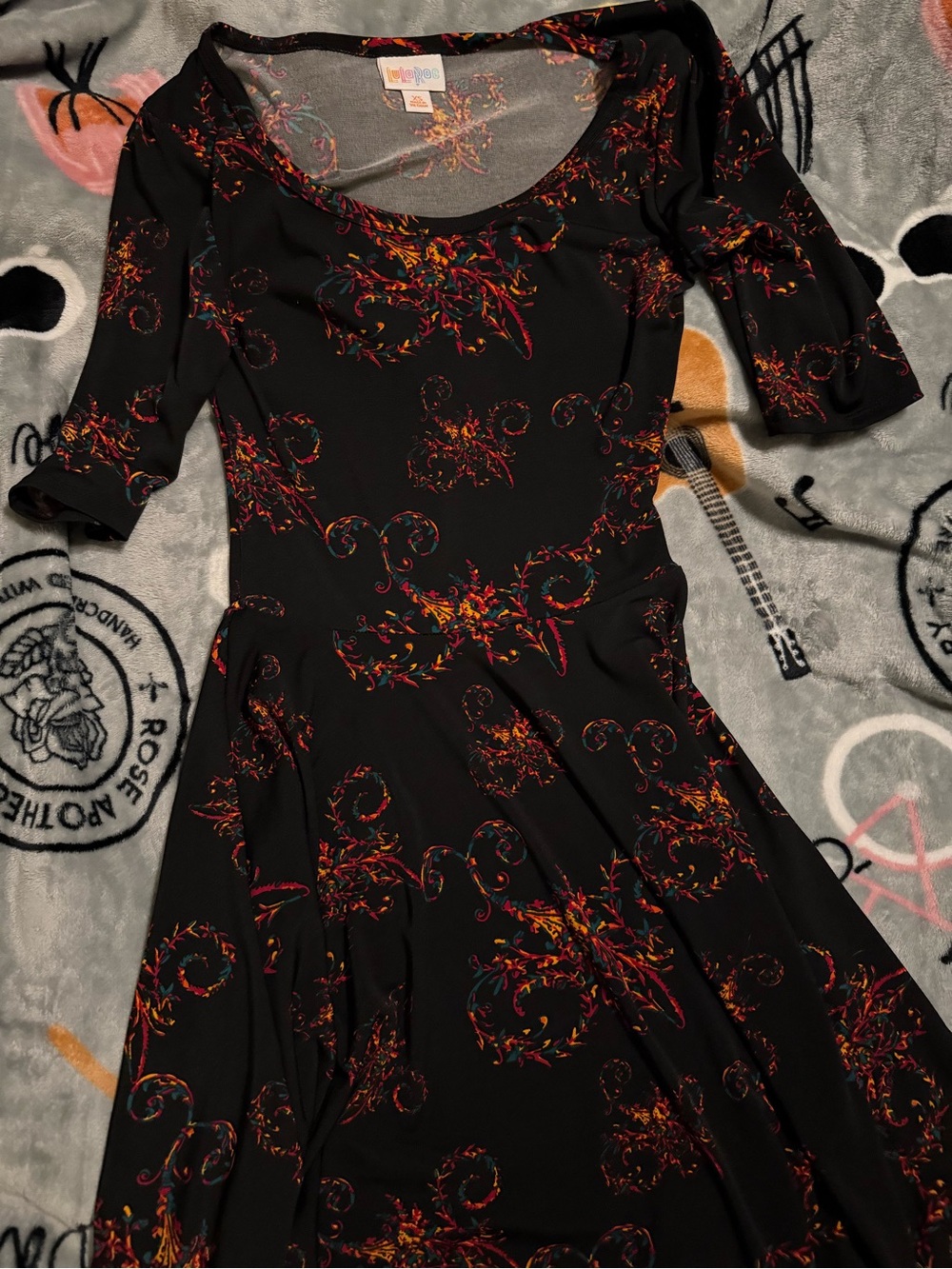 LuLaRoe Black Midi Dress with Red, Orange & Yellow Floral Swirls